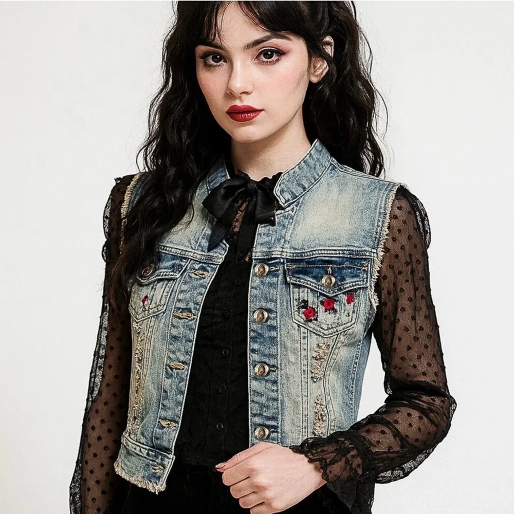 '90s Vintage Acid-Wash‎ Rose Embroidered Destroyed Goth Grunge Denim Vest Size 6